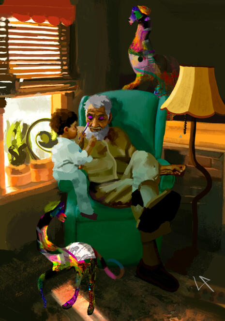 child doing grandparent's makeup in home