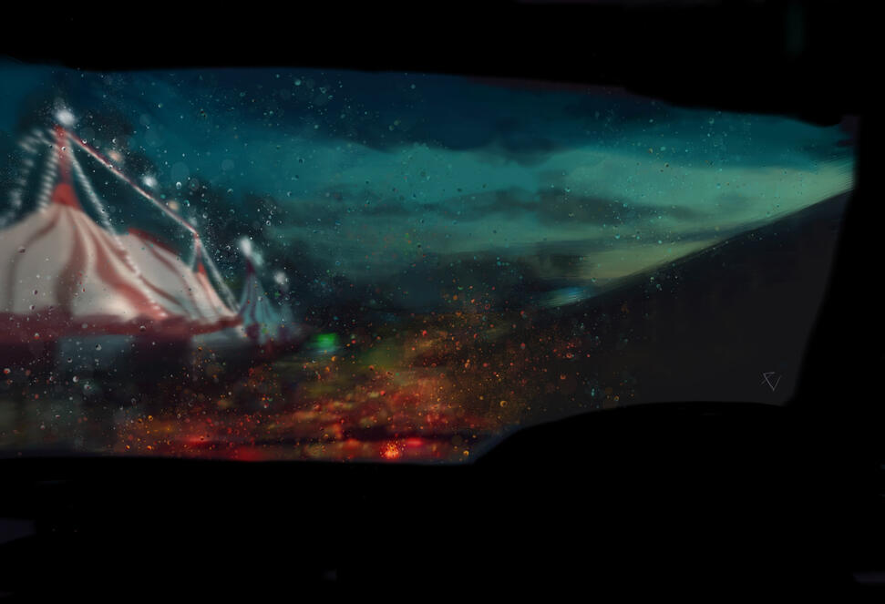 city circus during a rainy night landscape illustration